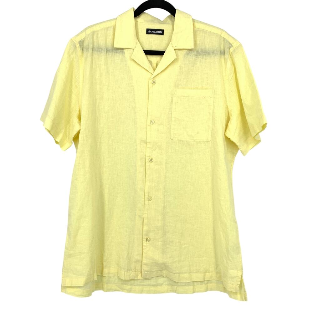 Manguun Button Front Short Sleeve Shirt Mens Size Large Linen Blend Light Yellow